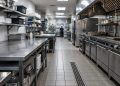 Empty commercial restaurant kitchen with stainless steel prep tables and a tiled floor under fluorescent light, illustrating restaurant health closures.