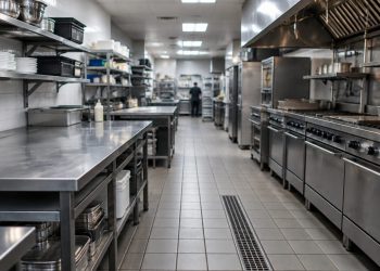Empty commercial restaurant kitchen with stainless steel prep tables and a tiled floor under fluorescent light, illustrating restaurant health closures.