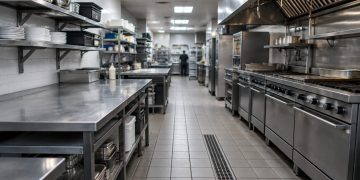 Empty commercial restaurant kitchen with stainless steel prep tables and a tiled floor under fluorescent light, illustrating restaurant health closures.