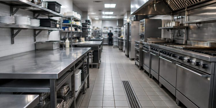 Empty commercial restaurant kitchen with stainless steel prep tables and a tiled floor under fluorescent light, illustrating restaurant health closures.
