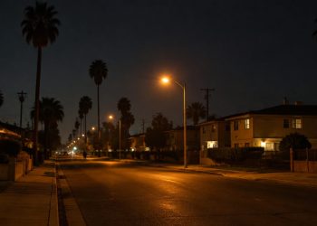 Empty residential street of single-story stucco homes and palm trees in Florence-Graham at night under street lamps, seen with a long lens.