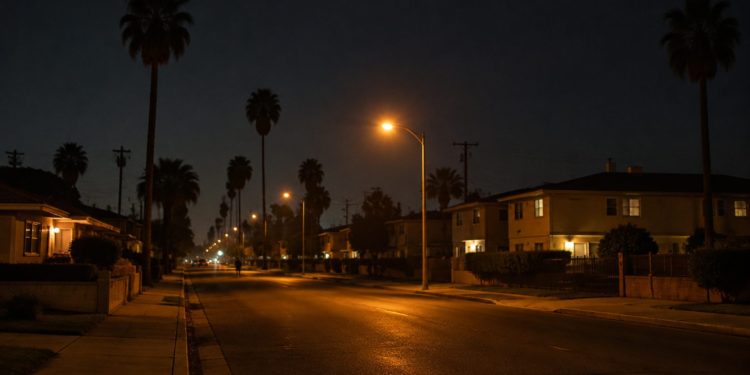 Empty residential street of single-story stucco homes and palm trees in Florence-Graham at night under street lamps, seen with a long lens.