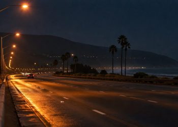 Empty southbound lanes of a freeway at night in Ventura under tall overhead lights, with dark hills in the distance.