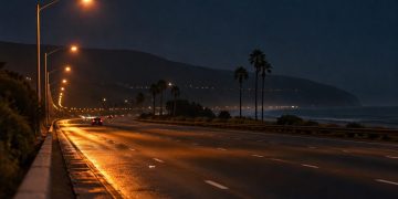 Empty southbound lanes of a freeway at night in Ventura under tall overhead lights, with dark hills in the distance.