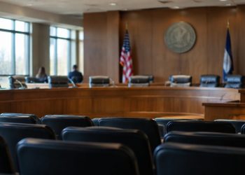 Empty wooden dais with high-backed leather chairs and microphones in a county government hearing chamber, illustrating the Los Angeles County Measure A vote.