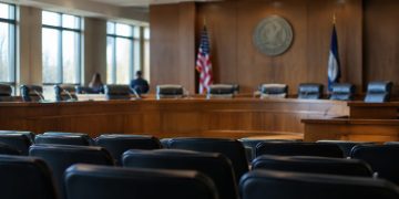 Empty wooden dais with high-backed leather chairs and microphones in a county government hearing chamber, illustrating the Los Angeles County Measure A vote.