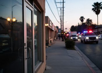 Evening street in Florence-Graham with a closed business entrance in the foreground and emergency vehicle lights blurred far in the background.