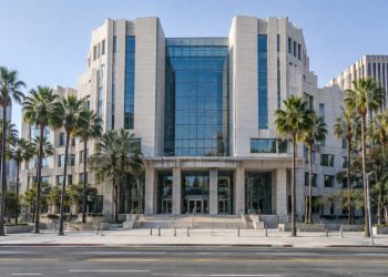 Exterior of a federal courthouse in downtown Los Angeles in neutral daylight, illustrating federal election charges against California residents.