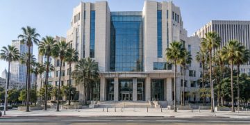 Exterior of a federal courthouse in downtown Los Angeles in neutral daylight, illustrating federal election charges against California residents.