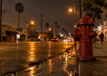 Fire hydrant at a South Los Angeles street corner at night with water pooled on wet asphalt under street lamps, low-rise buildings softly blurred behind.