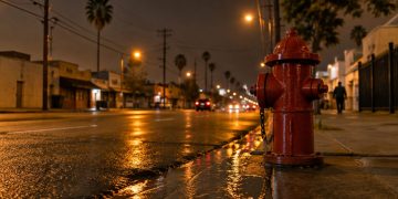 Fire hydrant at a South Los Angeles street corner at night with water pooled on wet asphalt under street lamps, low-rise buildings softly blurred behind.