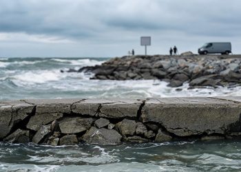 Fractured concrete bulkhead in sharp focus, with churning Pacific swells and rocky shore softly blurred behind, showing coastal storm damage, Southern California.