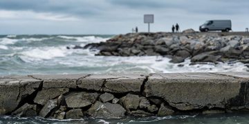 Fractured concrete bulkhead in sharp focus, with churning Pacific swells and rocky shore softly blurred behind, showing coastal storm damage, Southern California.