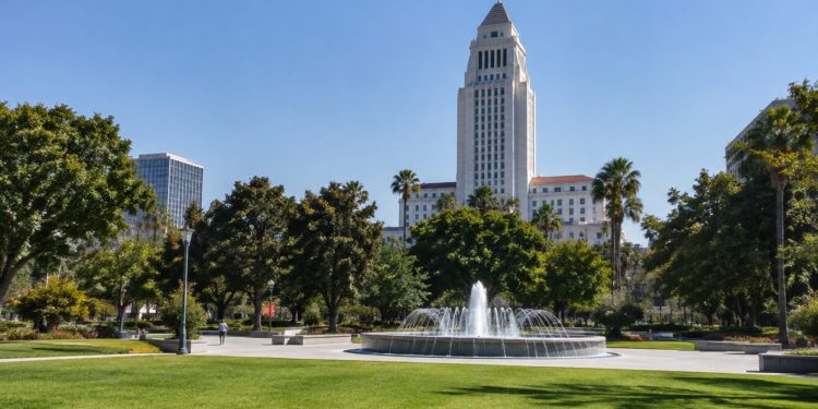 Grand Park in downtown Los Angeles with Los Angeles City Hall rising behind trees and empty paths in afternoon daylight.