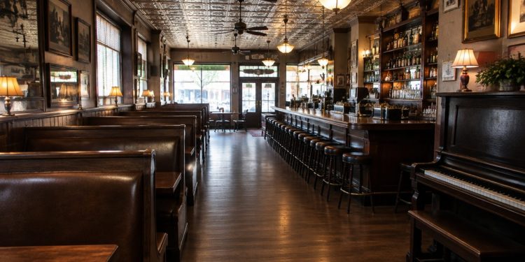 Interior of a historic downtown Los Angeles bar and restaurant with dark wood booths, vintage tin ceiling tiles and a piano in warm light.