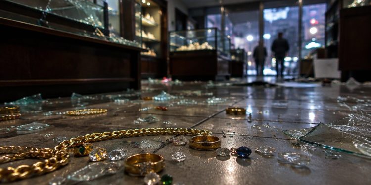 Jewelry chains and rings scattered among shattered glass on the floor of a dim jewelry shop interior, illustrating a Downtown Los Angeles burglary.