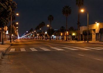 Long-lens night view of Central Avenue in South Los Angeles, with a crosswalk across empty lanes and low-rise buildings under street lamps.