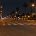 Long-lens night view of Central Avenue in South Los Angeles, with a crosswalk across empty lanes and low-rise buildings under street lamps.