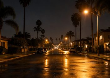 Long-lens view down a quiet residential street of stucco homes and apartment buildings with palm trees under street lamps at night in Santa Ana.