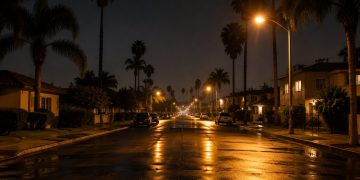 Long-lens view down a quiet residential street of stucco homes and apartment buildings with palm trees under street lamps at night in Santa Ana.