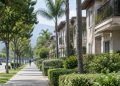 Long-lens view down a residential street of two-story stucco apartment buildings with balconies and palm trees in Arcadia in neutral daylight.
