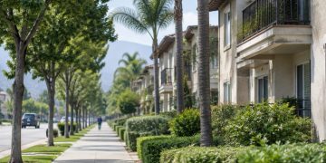 Long-lens view down a residential street of two-story stucco apartment buildings with balconies and palm trees in Arcadia in neutral daylight.