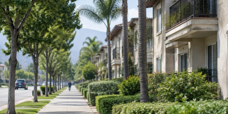 Long-lens view down a residential street of two-story stucco apartment buildings with balconies and palm trees in Arcadia in neutral daylight.