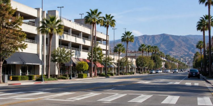 Long-lens view of a commercial street in downtown Burbank with a multilevel parking structure, low-rise storefronts and palm trees in afternoon daylight.