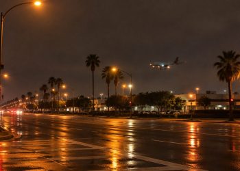 Long-lens view of an empty multi-lane boulevard intersection at night near Los Angeles International Airport, with an airliner descending in the distance.
