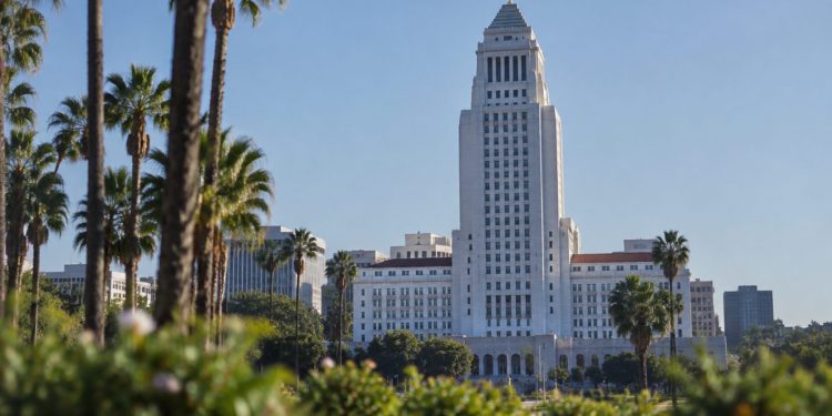 Los Angeles City Hall tower in neutral daylight above softly blurred palm trees, illustrating the Los Angeles mayoral runoff.