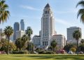 Los Angeles City Hall tower in neutral daylight, sharp above softly blurred palm trees, illustrating the 2026 Los Angeles mayoral race.