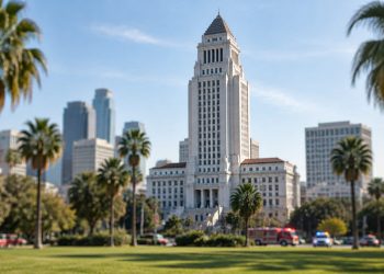 Los Angeles City Hall tower in neutral daylight, sharp above softly blurred palm trees, illustrating the 2026 Los Angeles mayoral race.