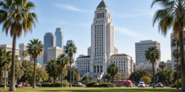 Los Angeles City Hall tower in neutral daylight, sharp above softly blurred palm trees, illustrating the 2026 Los Angeles mayoral race.