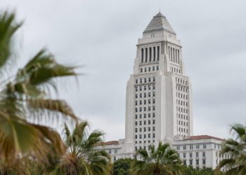 Los Angeles City Hall tower sharp in neutral daylight with softly blurred palm trees in the foreground, illustrating the 2026 Los Angeles mayoral race.
