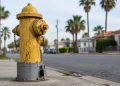 Low-angle close-up of a fire hydrant with a locked steel cover over its bolts on a street of stucco houses and palm trees in Southeast Los Angeles.