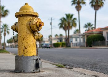 Low-angle close-up of a fire hydrant with a locked steel cover over its bolts on a street of stucco houses and palm trees in Southeast Los Angeles.