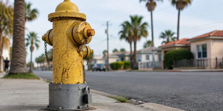 Low-angle close-up of a fire hydrant with a locked steel cover over its bolts on a street of stucco houses and palm trees in Southeast Los Angeles.