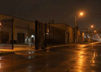 Low-angle view of an industrial street of warehouses in downtown Los Angeles at night, with a steel vehicle gate standing open under street lamps.