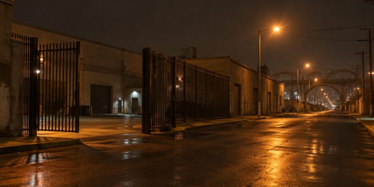 Low-angle view of an industrial street of warehouses in downtown Los Angeles at night, with a steel vehicle gate standing open under street lamps.