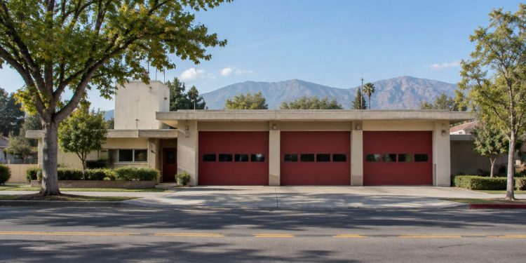 Mid-century single-story fire station with wide bay doors on a Pasadena residential street, with trees and the San Gabriel Mountains behind in daylight.