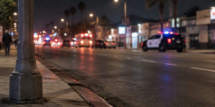 Night street scene on a wide South Los Angeles avenue, with a curb and lamp post in sharp focus and a patrol SUV blurred in the background.