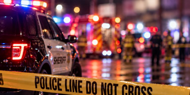 Nighttime emergency response with sheriff and fire vehicles, firefighters and blurred activity behind police tape, with no identifiable storefront visible.