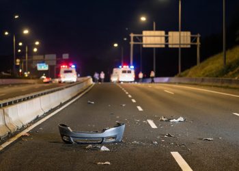 Nighttime northbound freeway lanes in Cerritos with debris on the pavement in the foreground and emergency vehicle lights blurred in the distance.