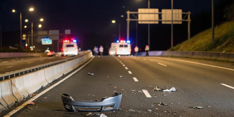 Nighttime northbound freeway lanes in Cerritos with debris on the pavement in the foreground and emergency vehicle lights blurred in the distance.