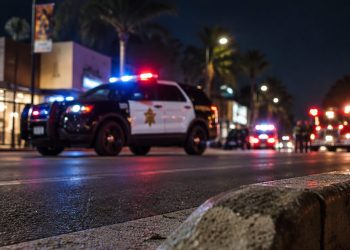 Nighttime traffic investigation near Martel Avenue and Santa Monica Boulevard in West Hollywood, with a curb edge in sharp focus and patrol SUV softly blurred behind.
