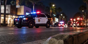Nighttime traffic investigation near Martel Avenue and Santa Monica Boulevard in West Hollywood, with a curb edge in sharp focus and patrol SUV softly blurred behind.
