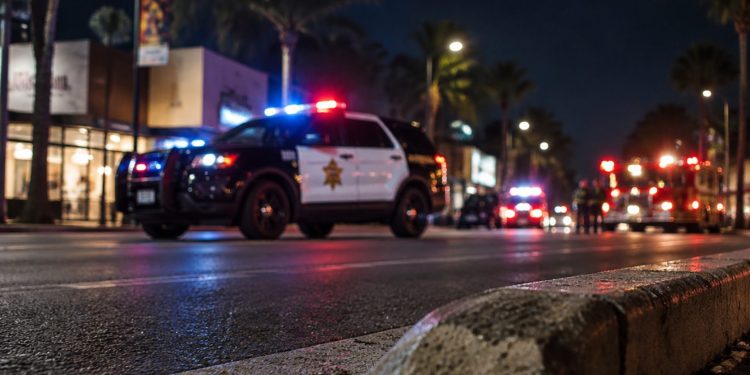 Nighttime traffic investigation near Martel Avenue and Santa Monica Boulevard in West Hollywood, with a curb edge in sharp focus and patrol SUV softly blurred behind.