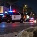 Nighttime traffic investigation near Martel Avenue and Santa Monica Boulevard in West Hollywood, with a curb edge in sharp focus and patrol SUV softly blurred behind.