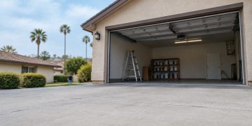 Open garage of a single-story stucco home with a bare concrete floor and a stepladder on a Granada Hills residential street in late-morning daylight.