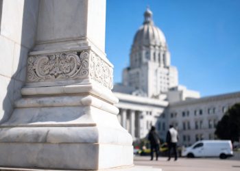 Ornamental stone column detail at Los Angeles City Hall's facade in sharp focus, with the neoclassical dome softly blurred above in midday light.